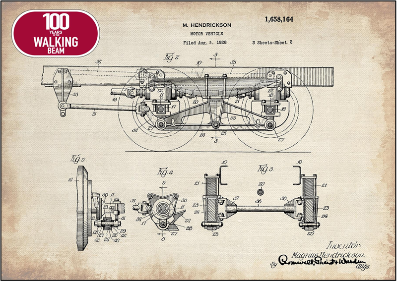 A historic patent drawing highlights the walking beam design at the heart of Hendrickson’s 100-year suspension heritage.
